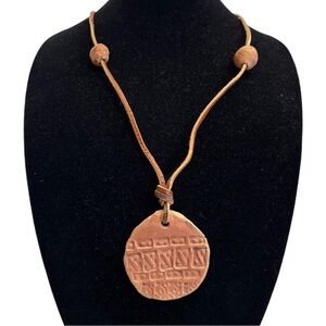 Vintage Terra Cotta Clay Amulet Beads Ethnic Tribal Necklace On Leather Cord